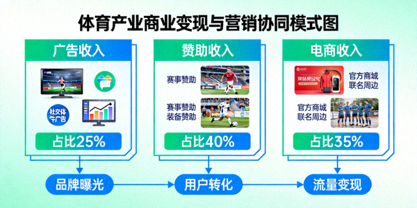 体育产业商业变现与营销协同模式图 - 展示广告、赞助、电商等多元收入渠道