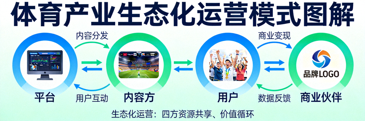 体育产业生态化运营模式图解 - 展示平台、内容方、用户与商业伙伴的协同关系